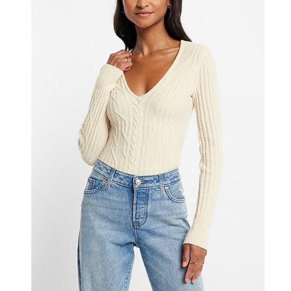 NWT Express Cable Knit V-Neck Sweater Thong Bodysuit - Picture 1 of 10